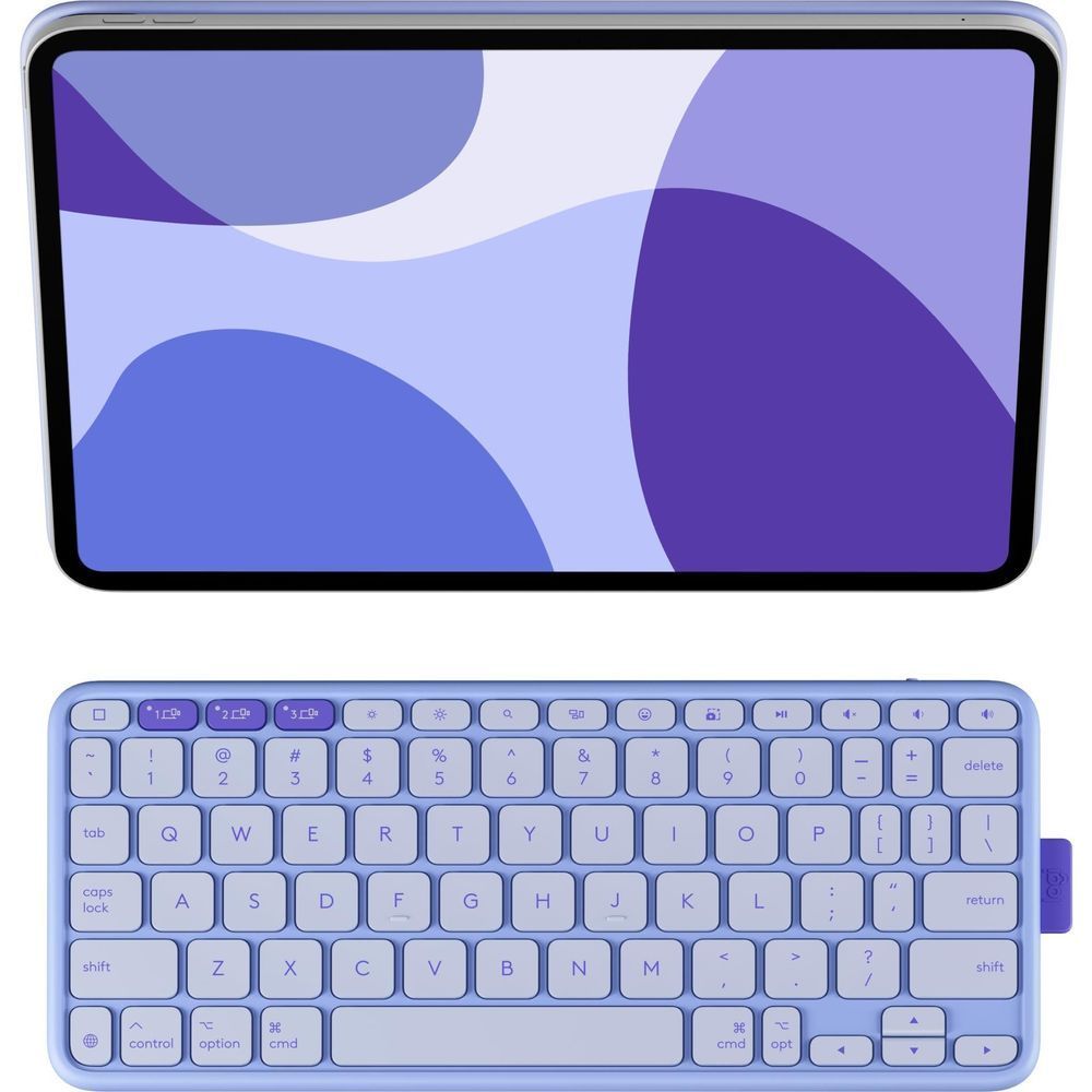 Lilac iPad flip folio with keyboard, tablet in protective cover