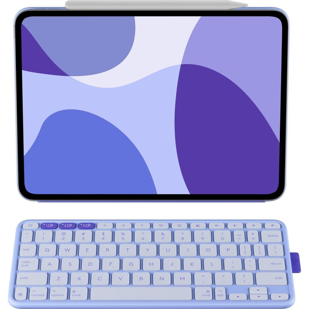 Lilac folio case with keyboard docked, front view of tablet cover