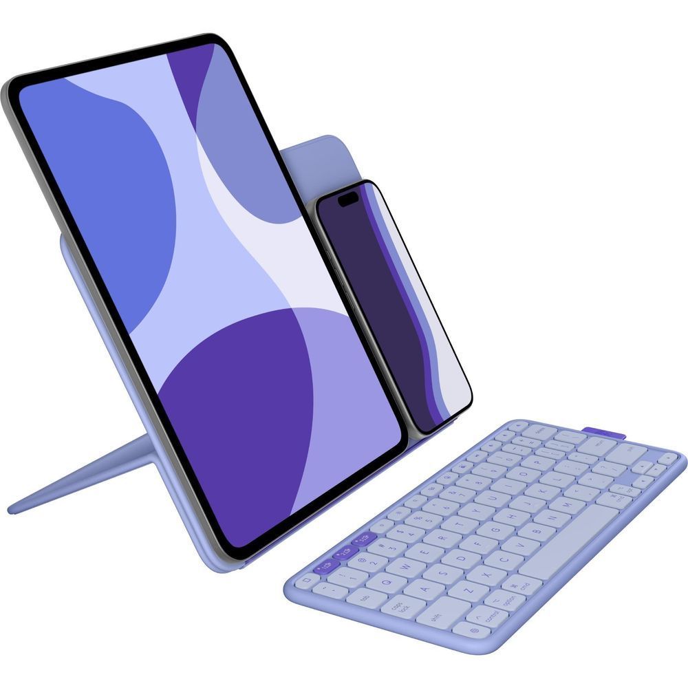 Lilac flip folio stand with angled tablet and attached keyboard