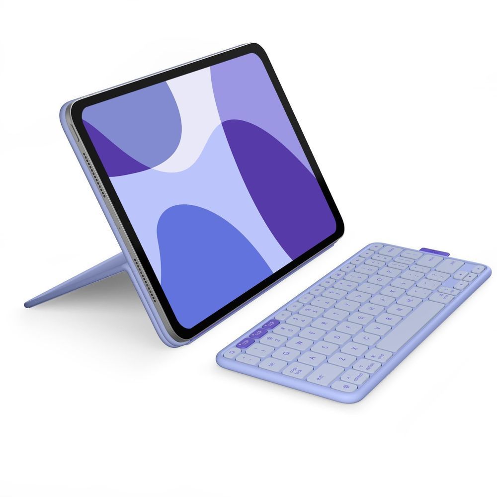 Lilac flip folio with keyboard and angled tablet stand, protective cover