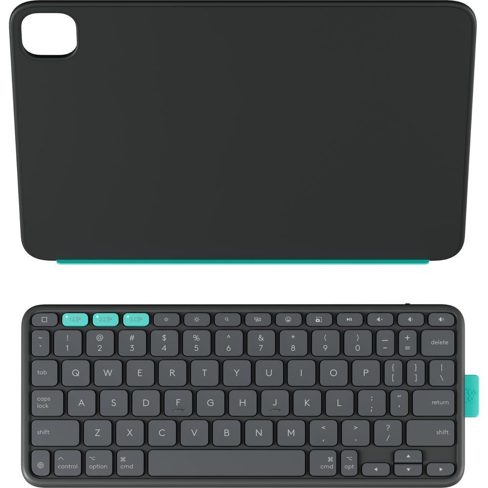 Graphite folio case with built-in keyboard, camera cutout, teal accents