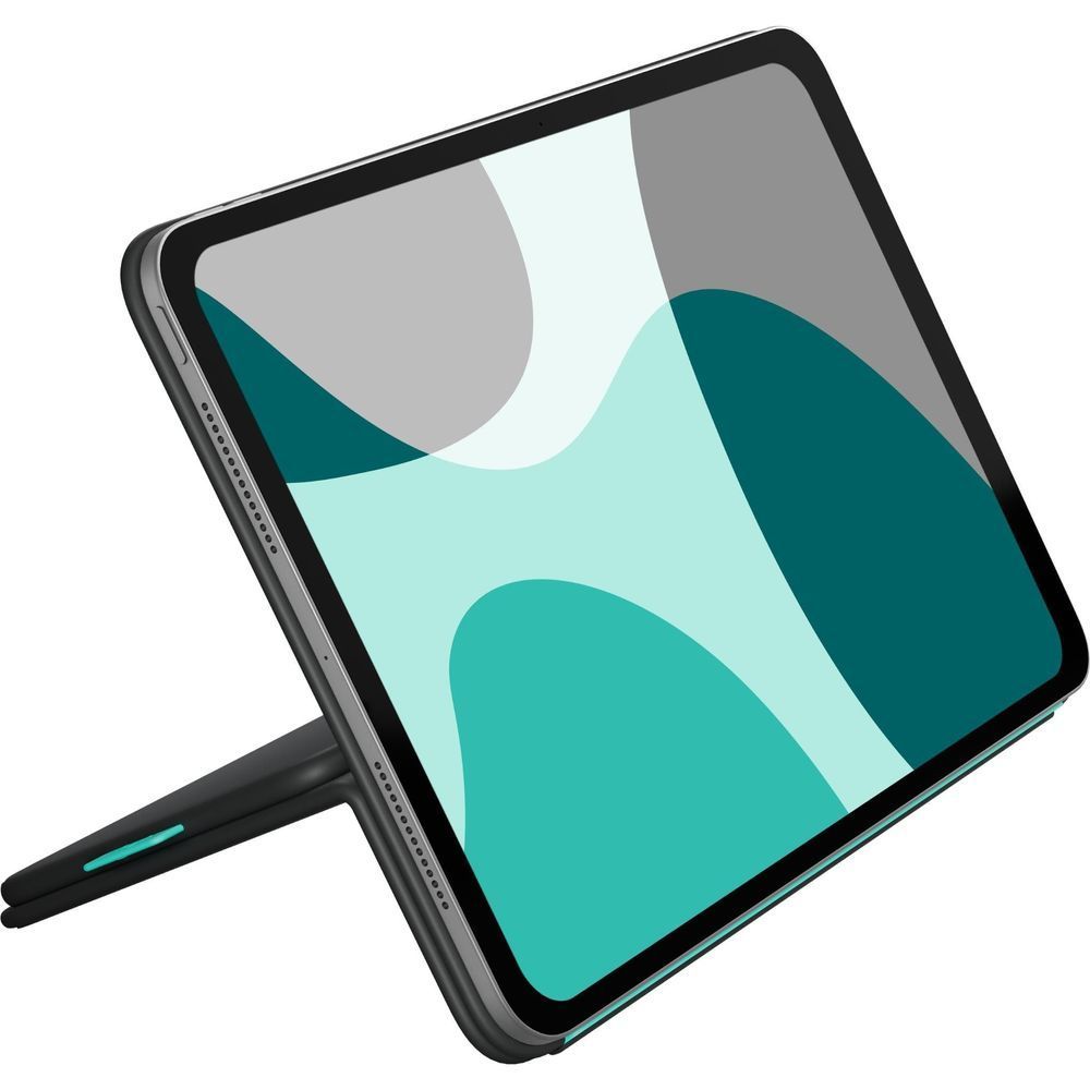 Graphite folio stand case holding a tablet with teal accent strip