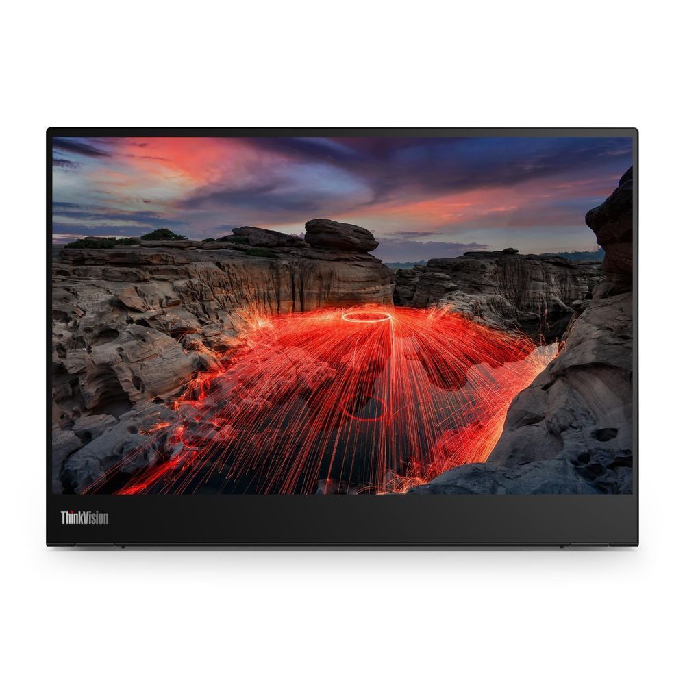 Lenovo ThinkVision portable monitor displaying landscape image with red light