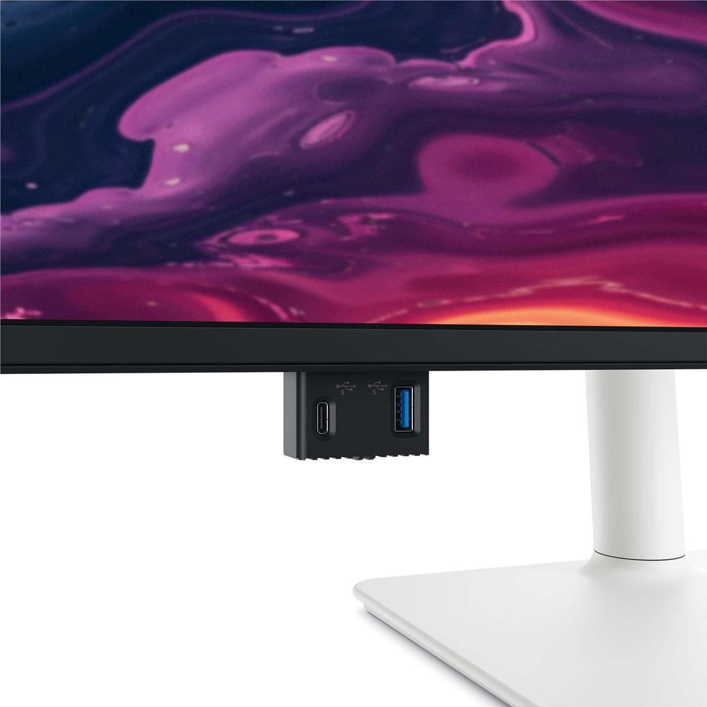 Dell monitor lower front I/O ports with USB-C and USB, on white stand