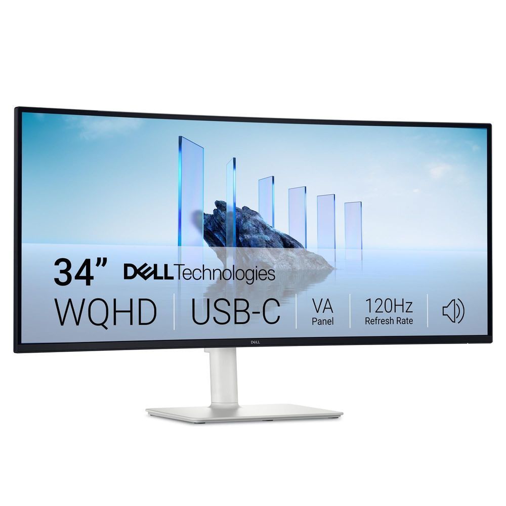 Curved widescreen monitor with on-screen UI text and USB-C branding on white stand