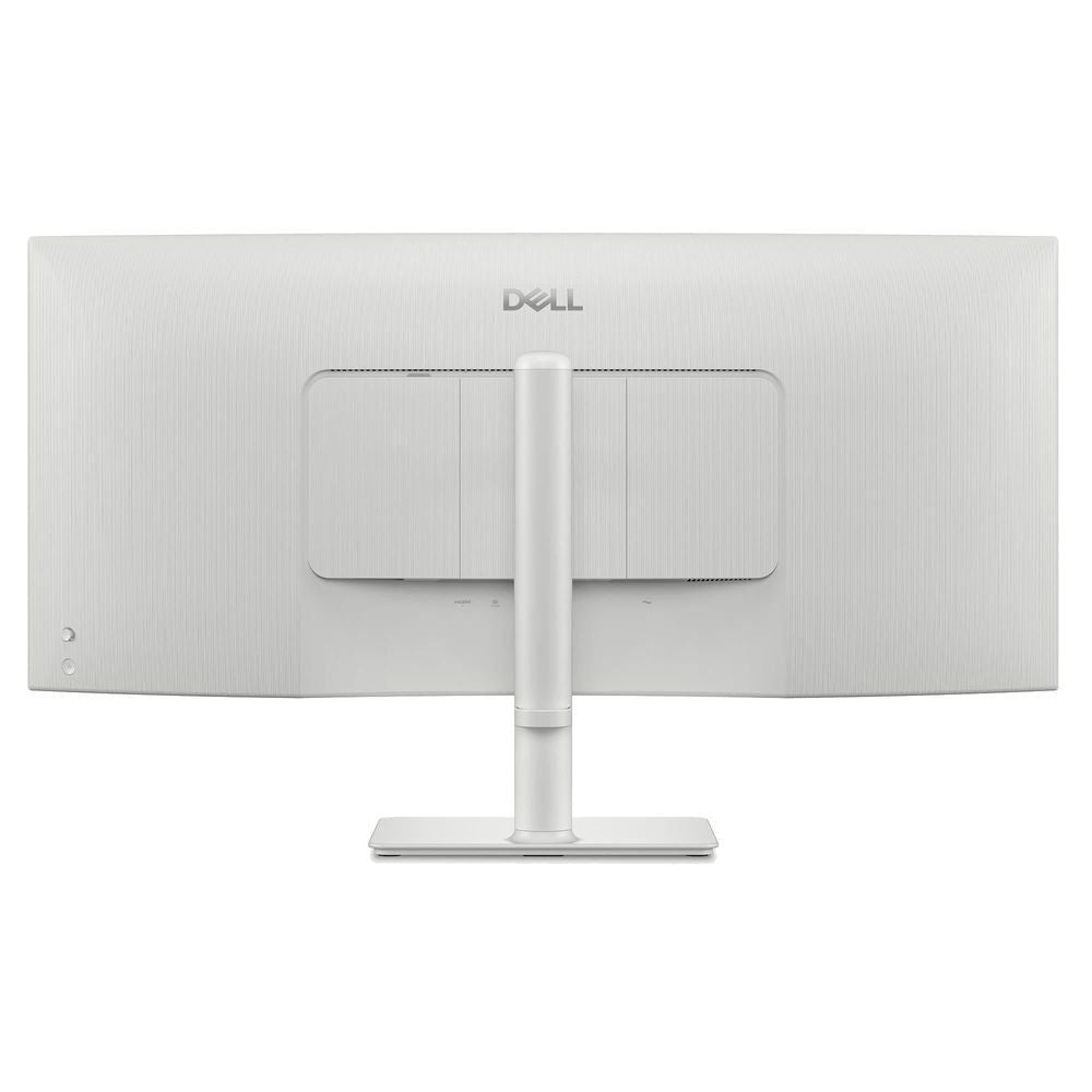 White monitor back with centered arm and Dell logo on a pedestal stand
