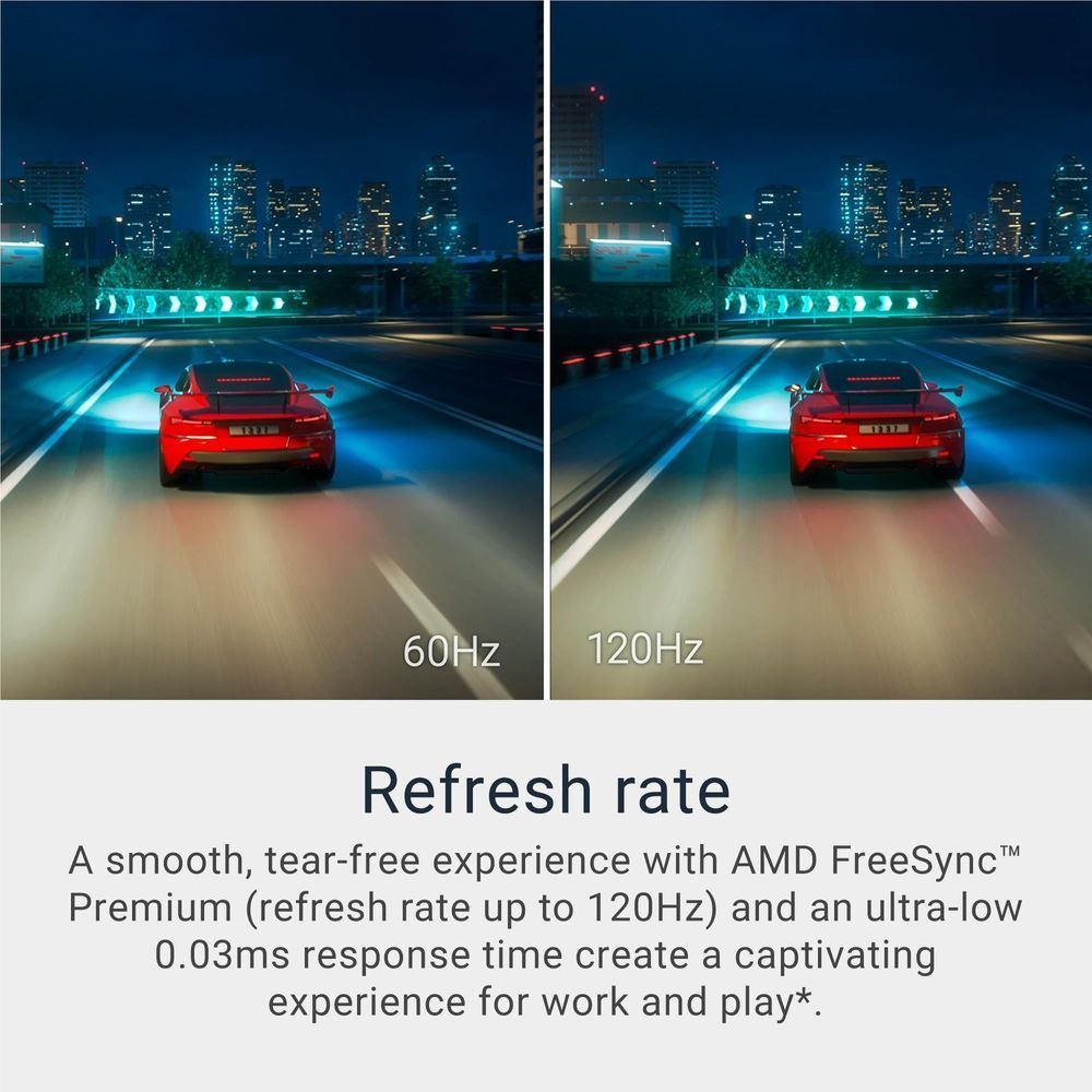 Curved monitor with split-screen city night driving scenes for refresh-rate comparison