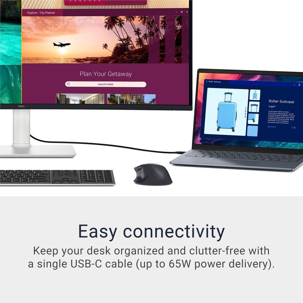 Monitor showing a web page beside a laptop, suggesting single-cable USB-C connectivity
