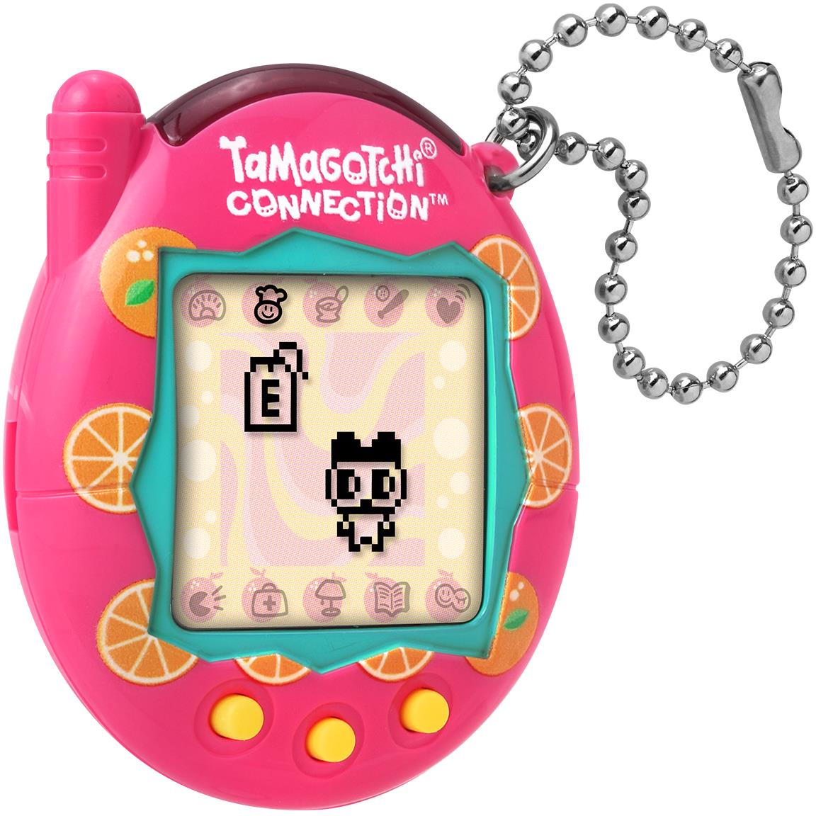 Pink virtual reality pet handheld with screen, orange fruit accents, and metal keychain