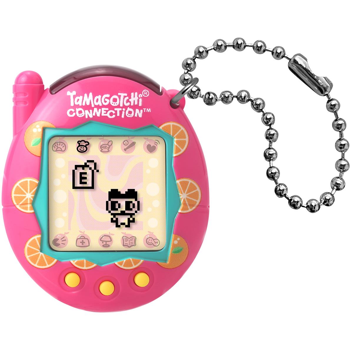 Pink citrus-shell virtual pet handheld with screen display and metal ball-chain strap