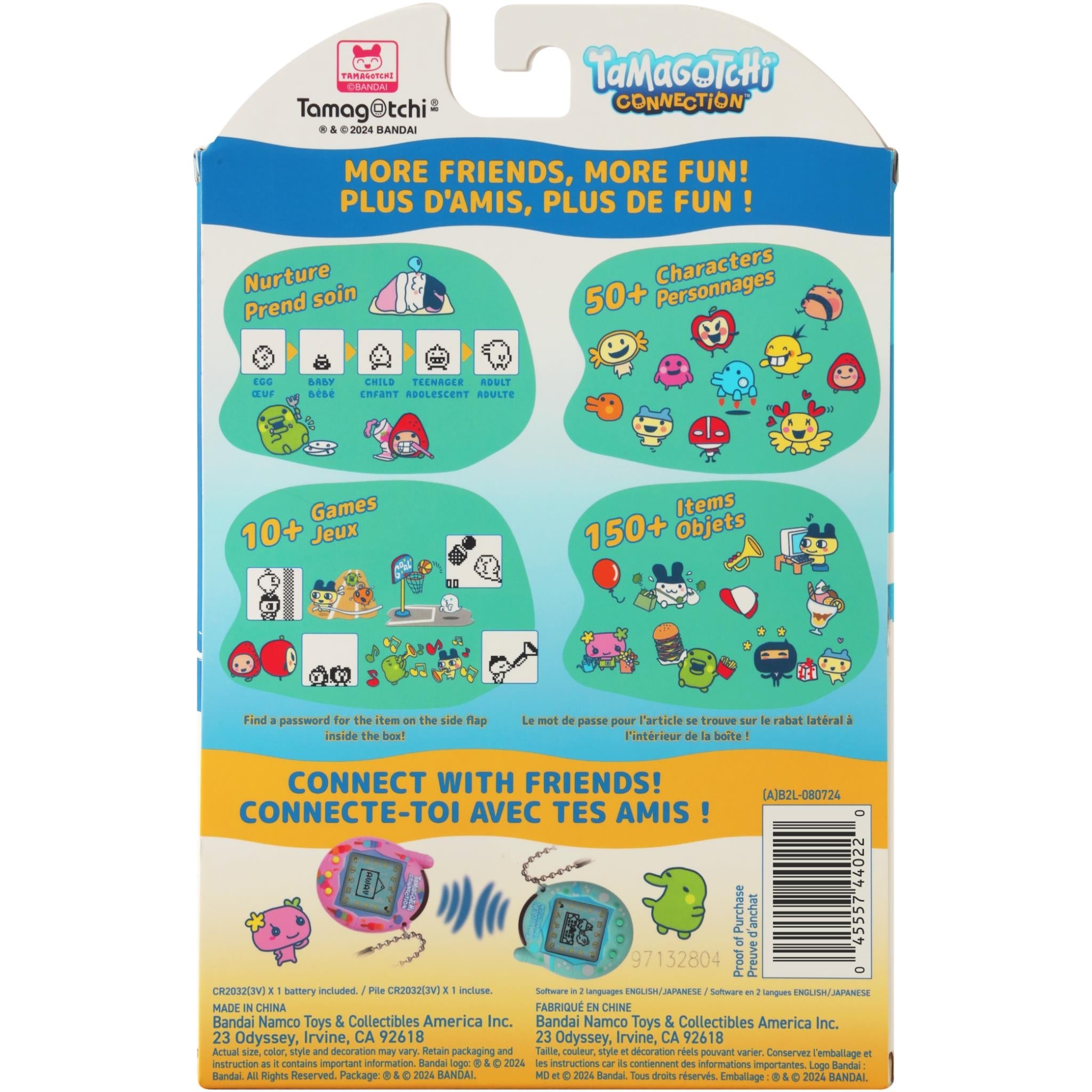 Tamagotchi Connection retail box back with feature text, character art, and barcode