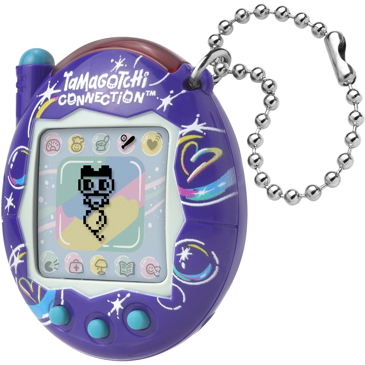 Purple Tamagotchi Connection digital pet toy with screen, side controls, keychain cord