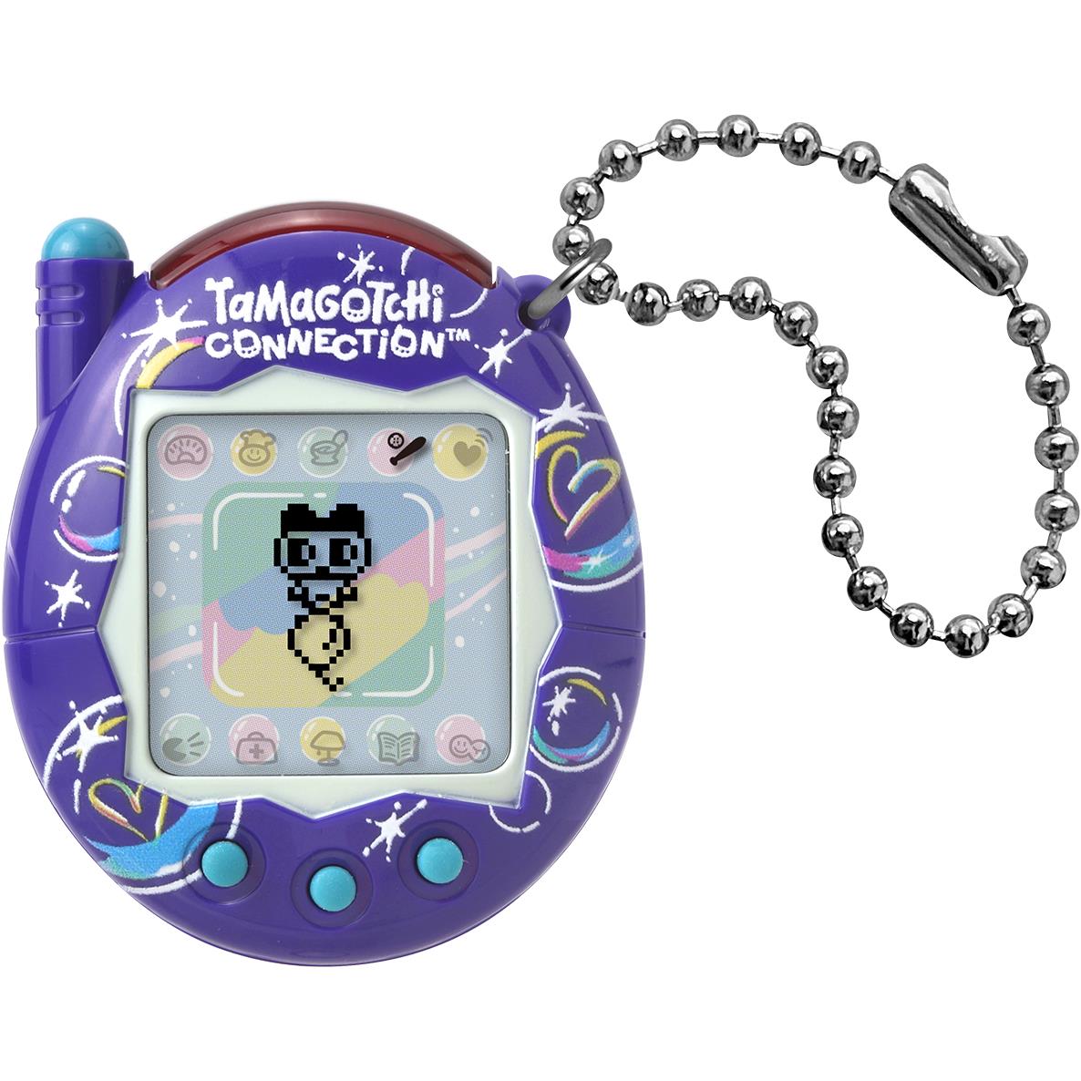 Purple Tamagotchi Connection digital pet toy with display screen and metal keychain