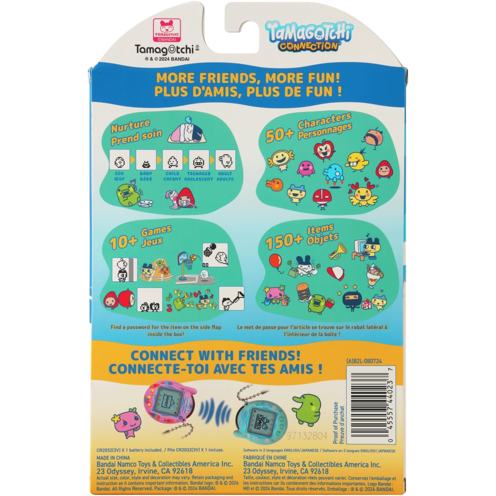 Tamagotchi Connection toy package back with character and game icons