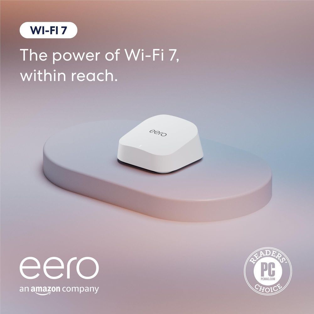 White eero 7 Wi‑Fi 7 mesh router on a pedestal