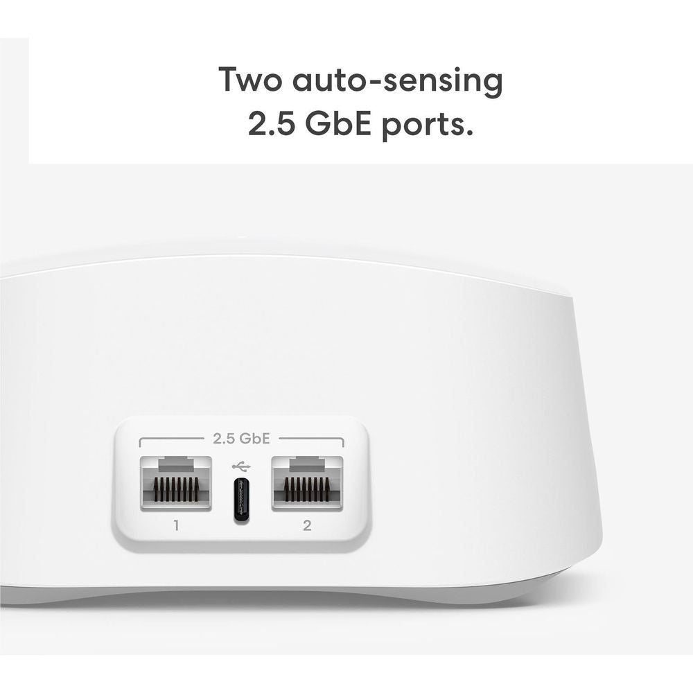 White eero 7 mesh router base showing two 2.5 GbE auto-sensing ports
