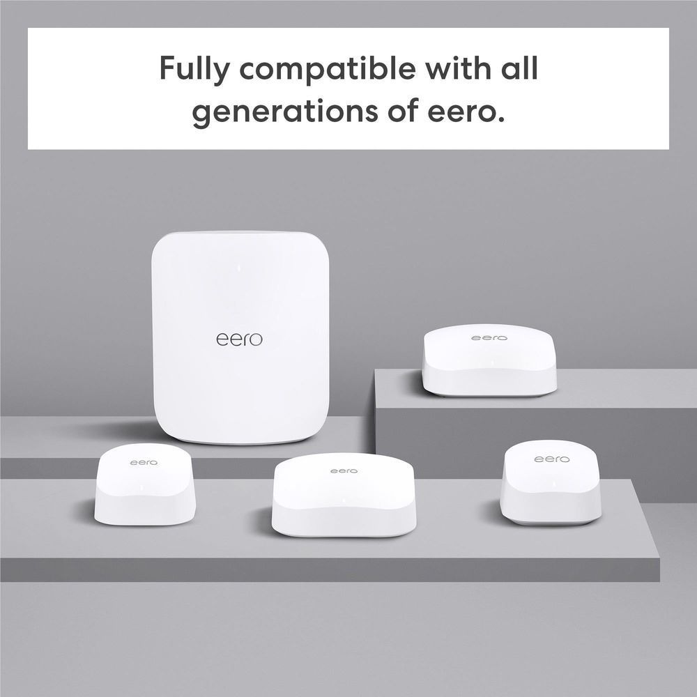 Set of white eero mesh Wi‑Fi routers for full compatibility across eero generations