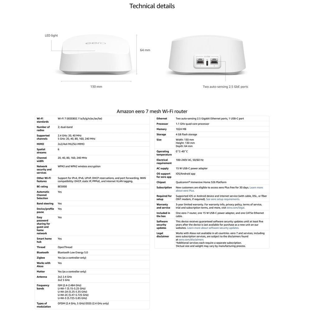 eero 7 Wi‑Fi 7 mesh router with ports, dimensions, and technical details shown