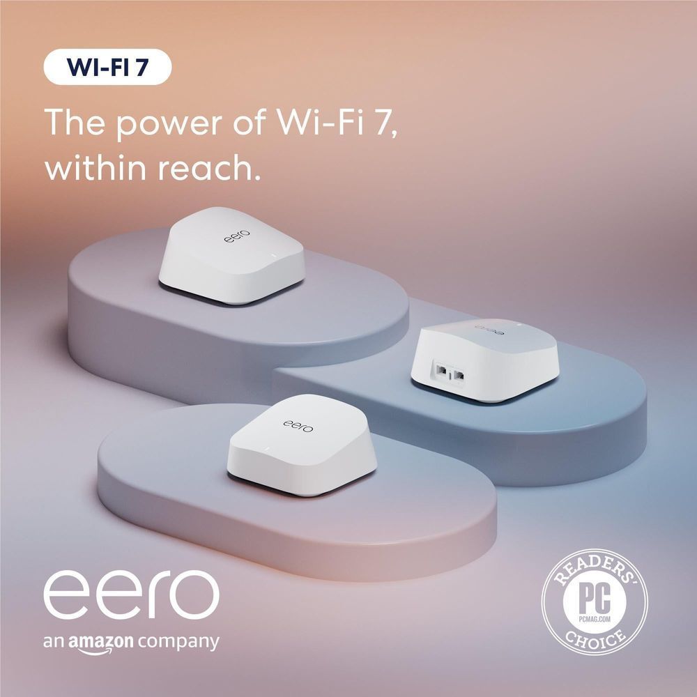 White eero Wi-Fi 7 mesh router nodes, three compact dome units