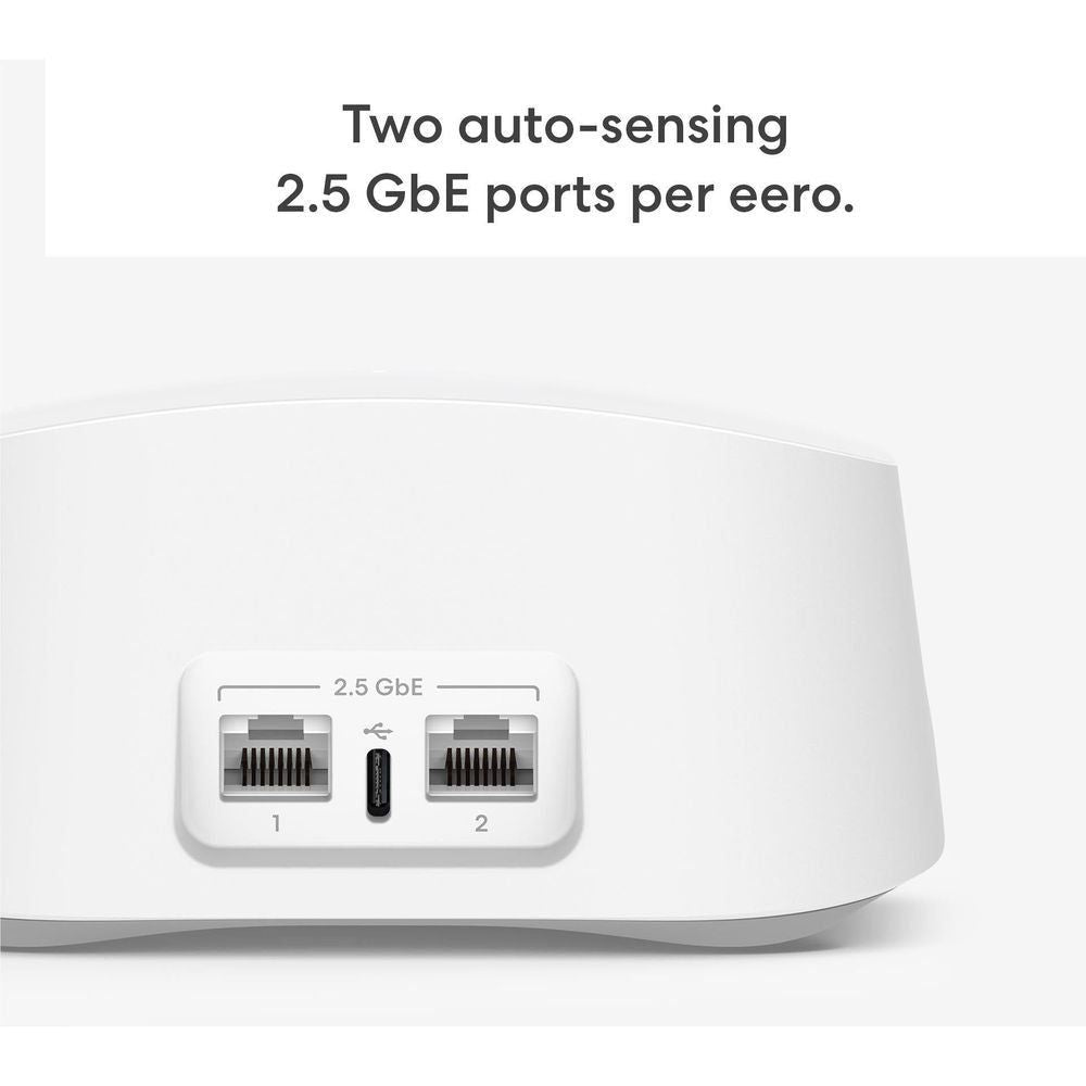 White eero router node showing two 2.5 GbE auto-sensing LAN ports