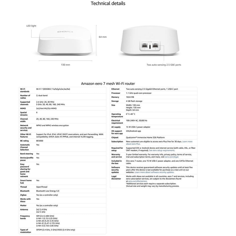 Technical details view of eero Wi-Fi 7 mesh router with rear ports shown