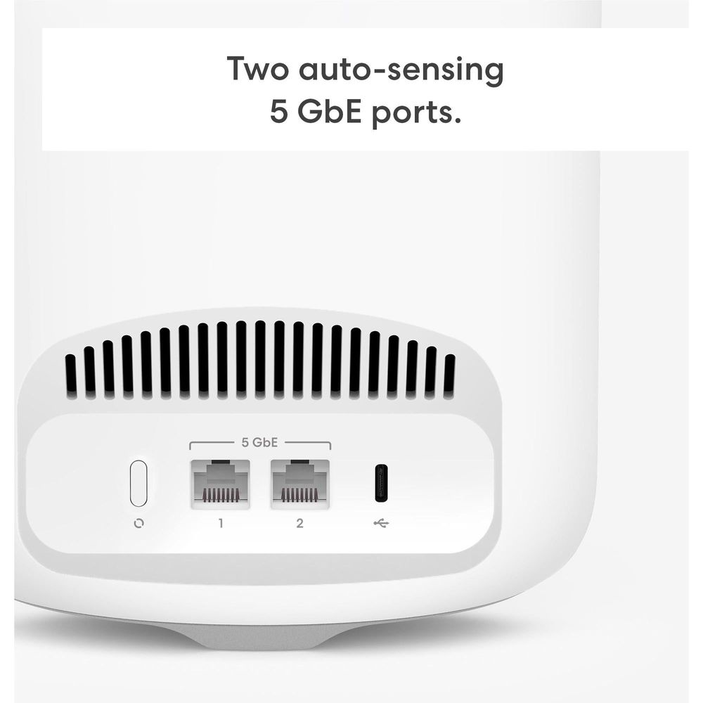eero router front panel with vented grille and 5 GbE Ethernet ports
