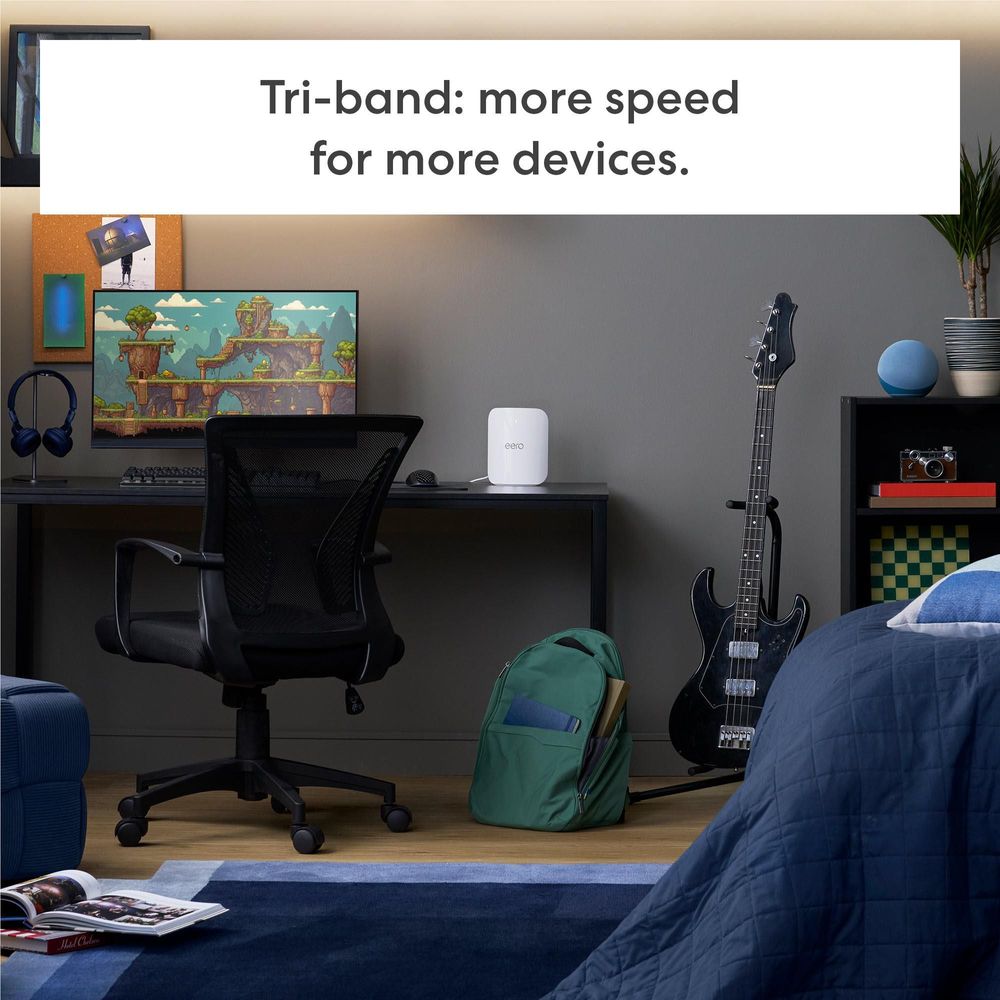 white eero mesh router on a shelf in a home room setup