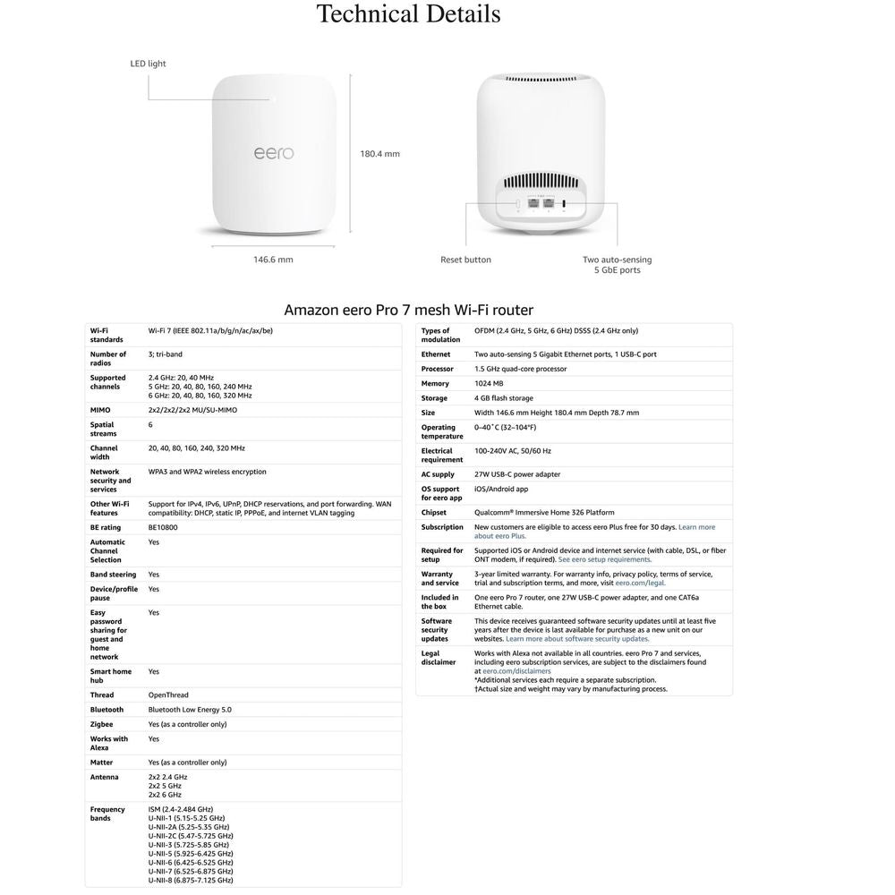 eero Wi-Fi 7 router technical details page with dimensions and port layout