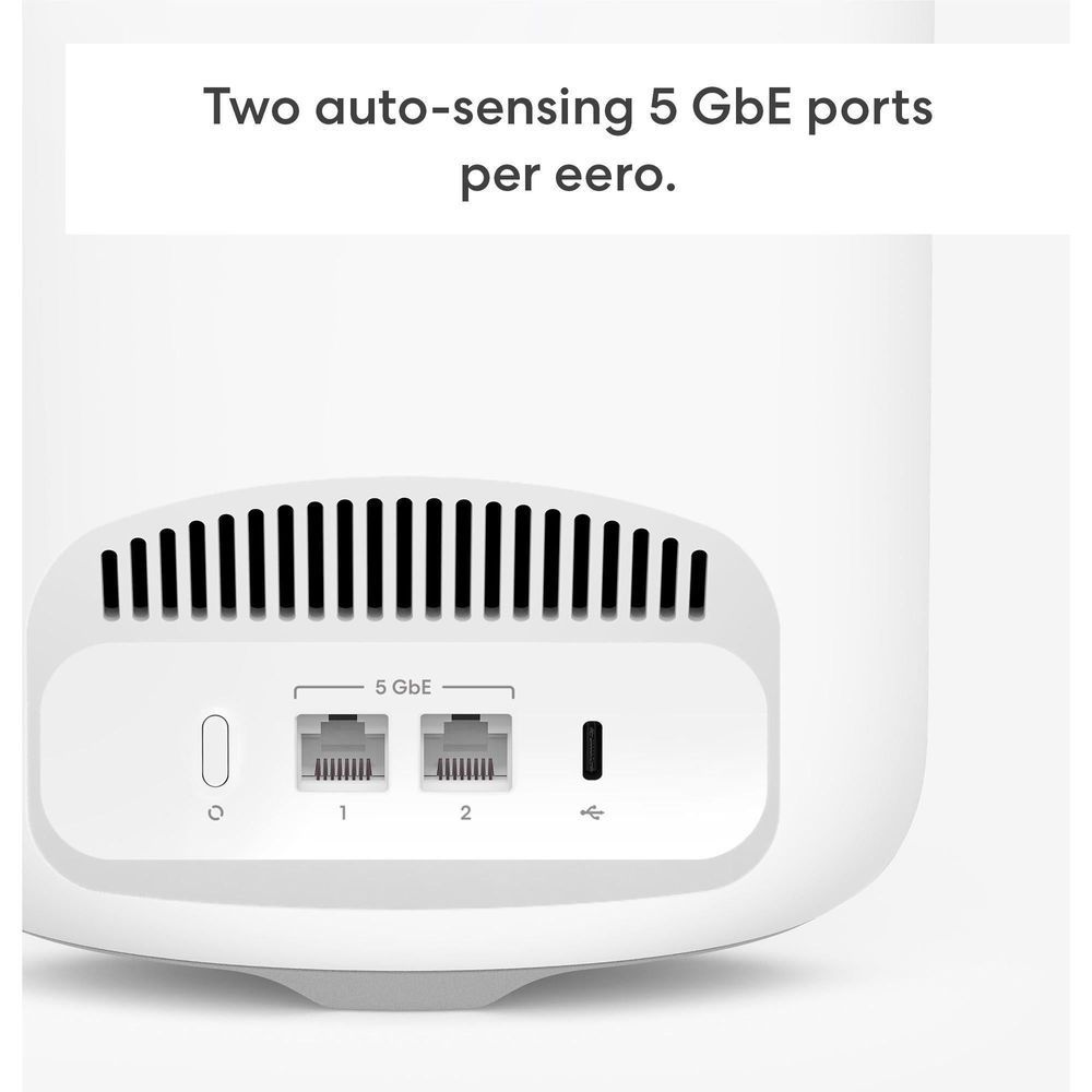 eero Pro 7 router front panel with dual 5 GbE ports and indicator lights
