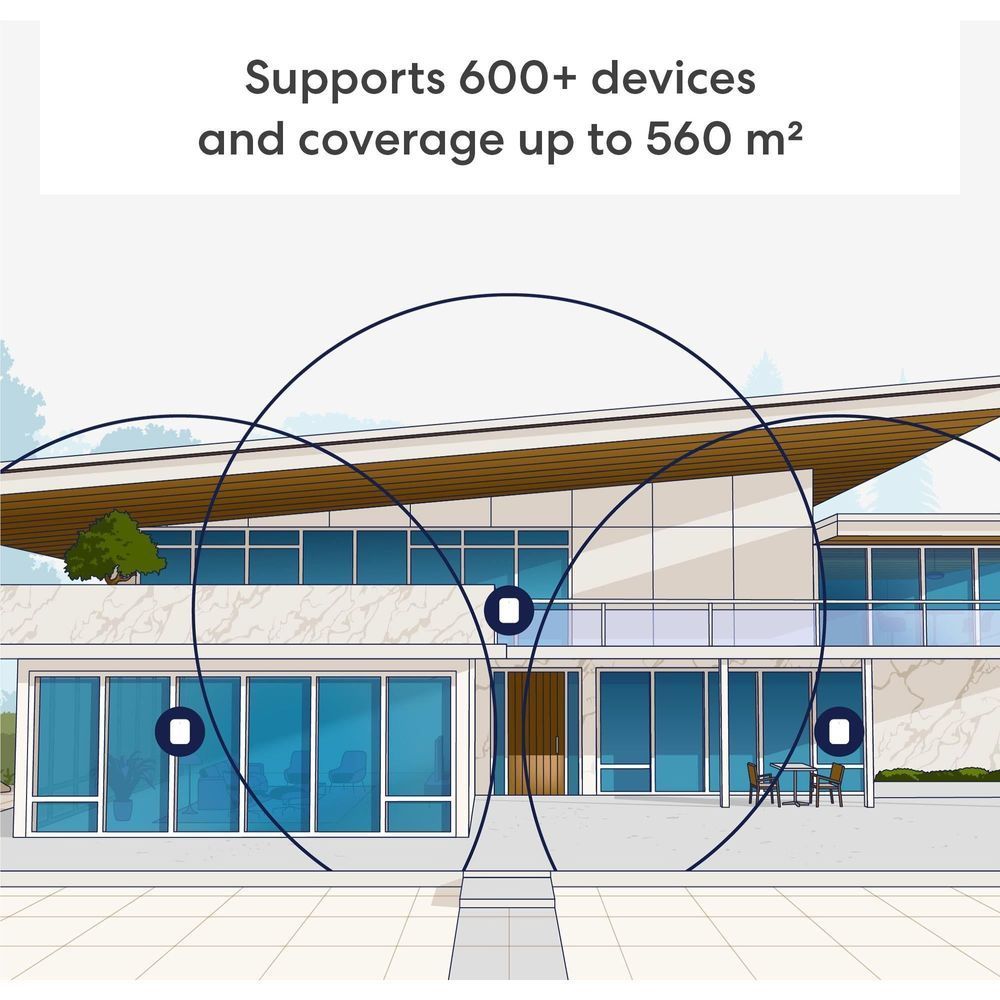 eero Pro 7 mesh Wi-Fi 7 router with coverage circles over a building