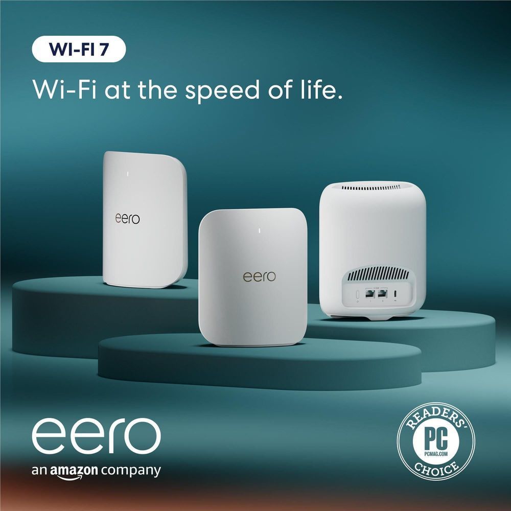 three eero Wi-Fi 7 mesh routers on a pedestal, white housing