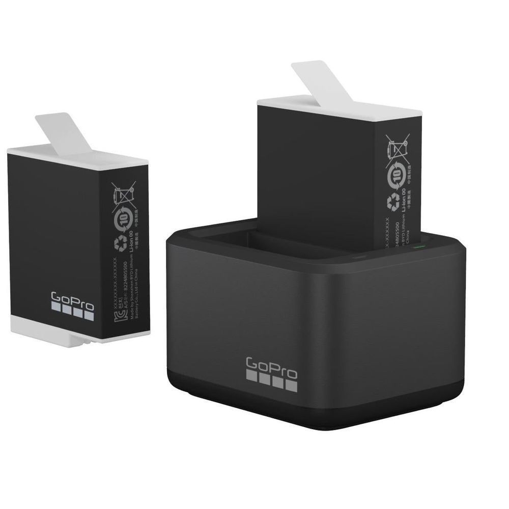 Dual battery charger with two GoPro Enduro batteries, black dock base