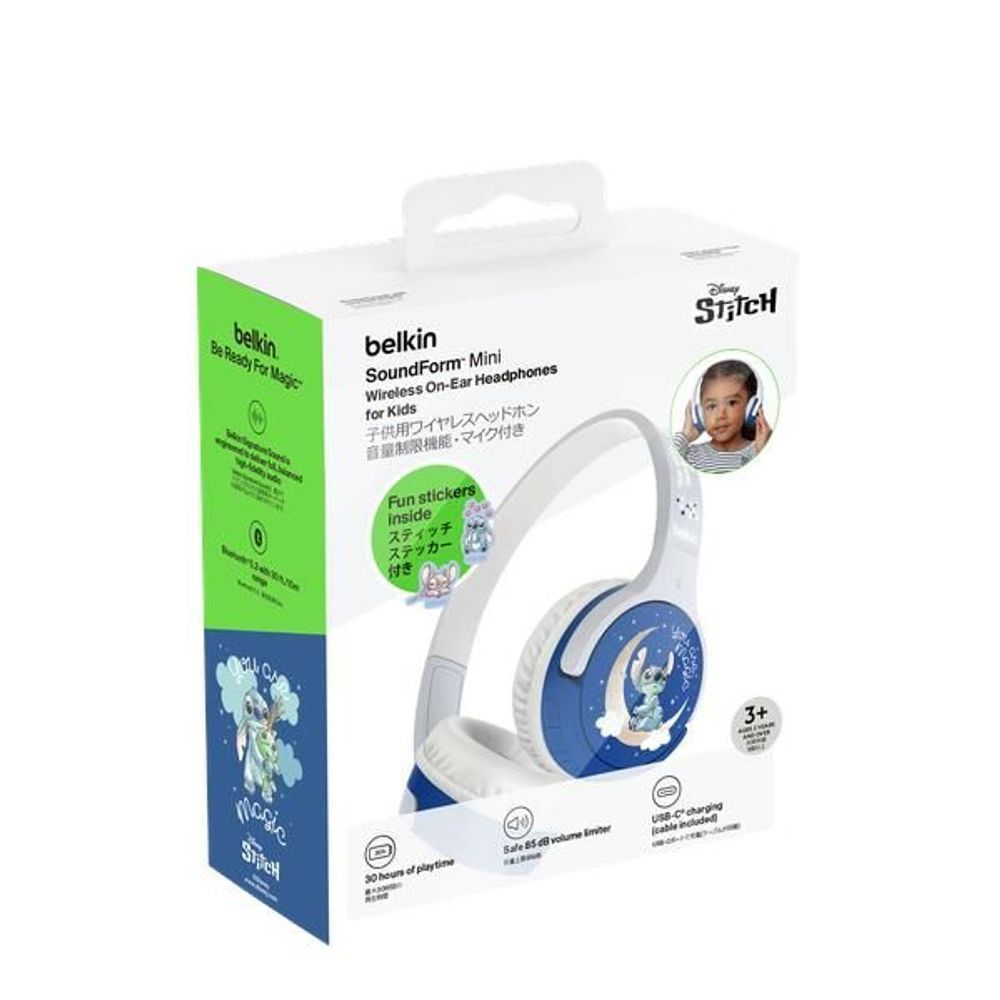 Belkin kids wireless on-ear headphone package with Stitch logo and character