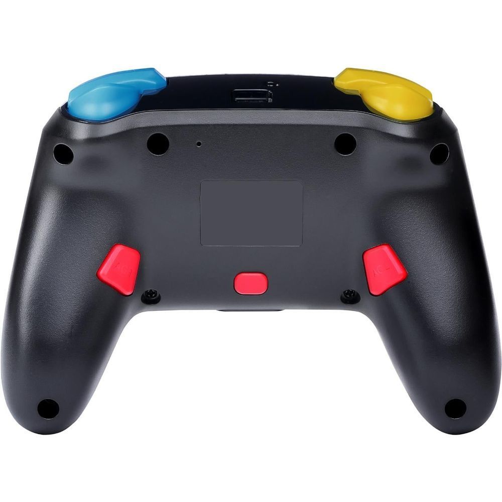 Wireless game controller back panel with two yellow and blue shoulder buttons