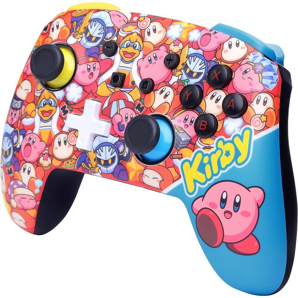 Kirby-themed wireless game controller front view with black buttons and thumbsticks