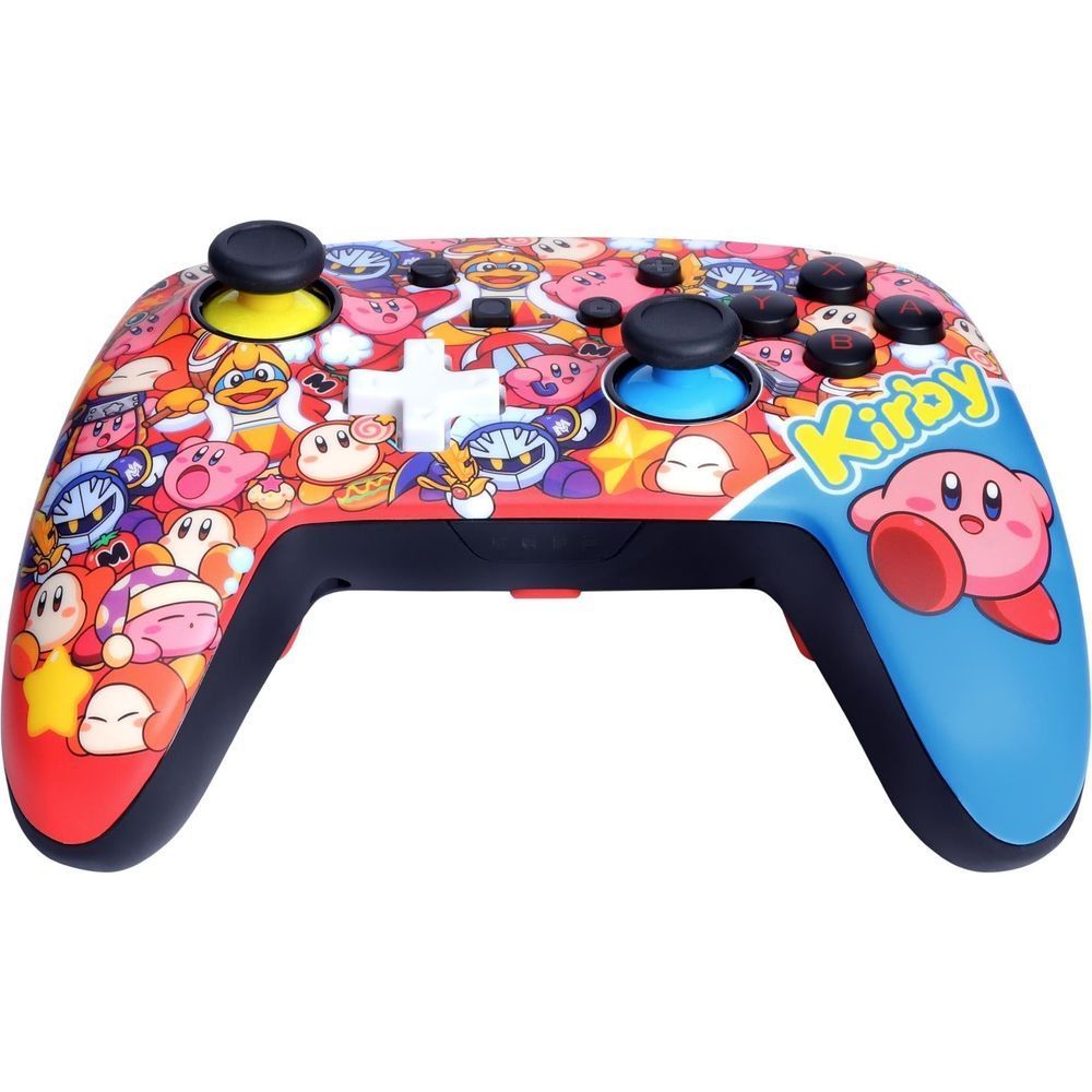 Kirby-themed wireless game controller front view with blue handle and colorful art