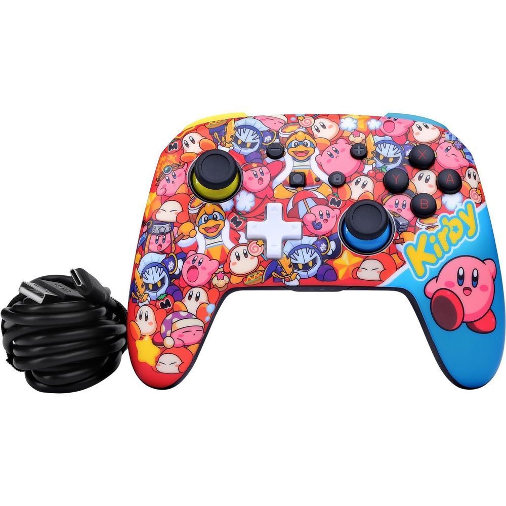 Kirby-themed wireless game controller with coiled cable and illustrated colorful design