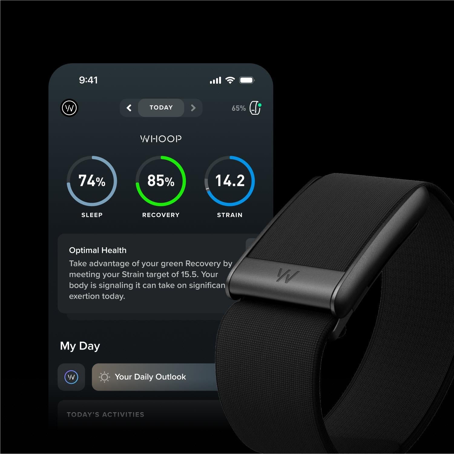 Fitness tracker with black band showing health stats on a smartphone-style screen