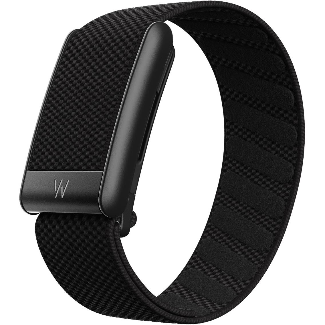 Black fitness tracker with carbon-fiber style band, front view