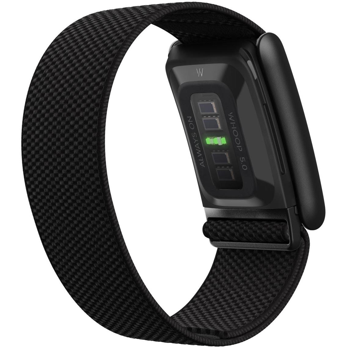 Black fitness tracker with display on textured wristband, side view