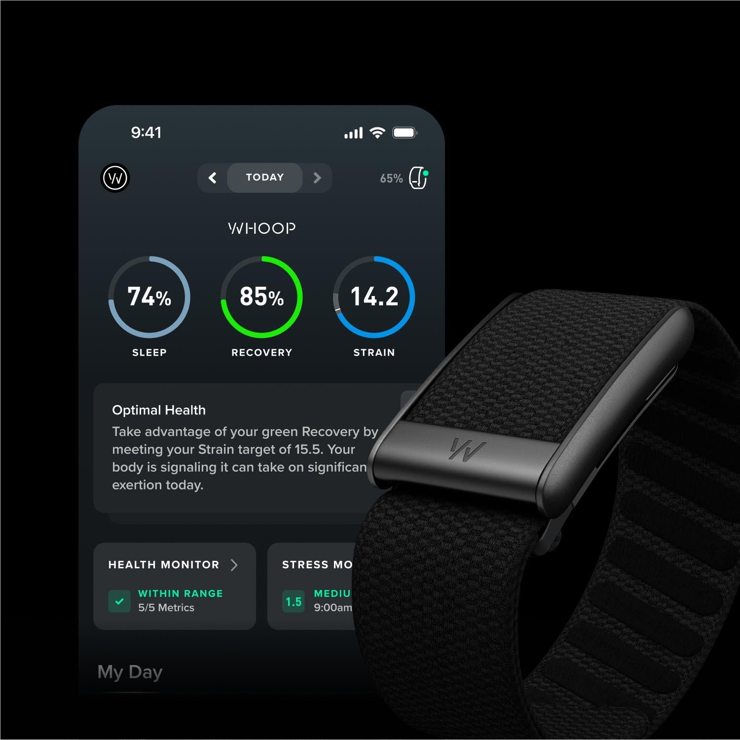 Black WHOOP fitness tracker on dark woven strap, screen showing health stats