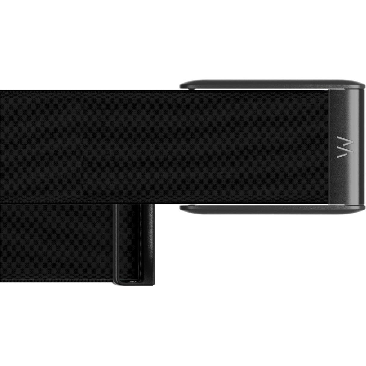 Black fitness tracker band side profile, close-up view