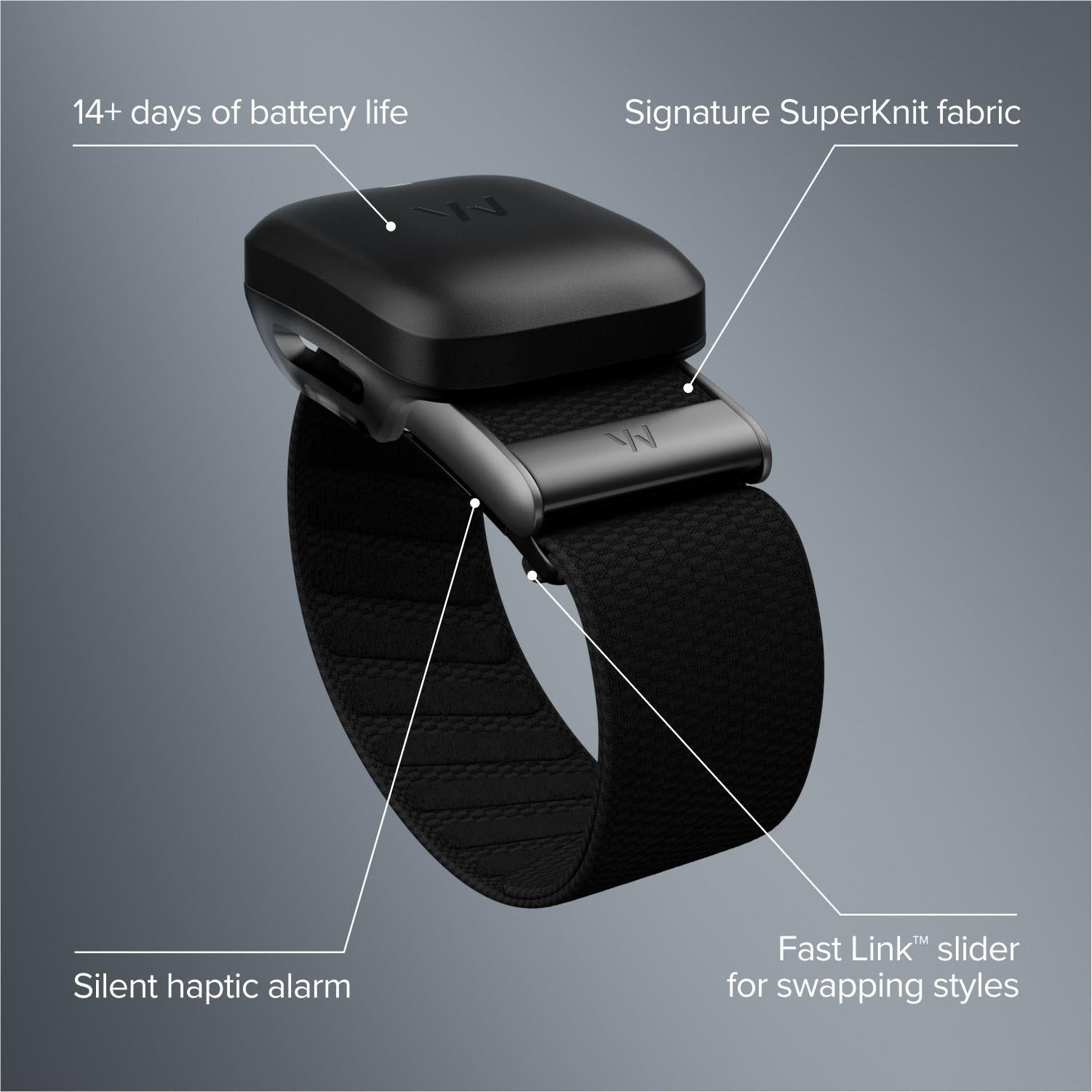 Black fitness tracker on textured SuperKnit band with feature callouts