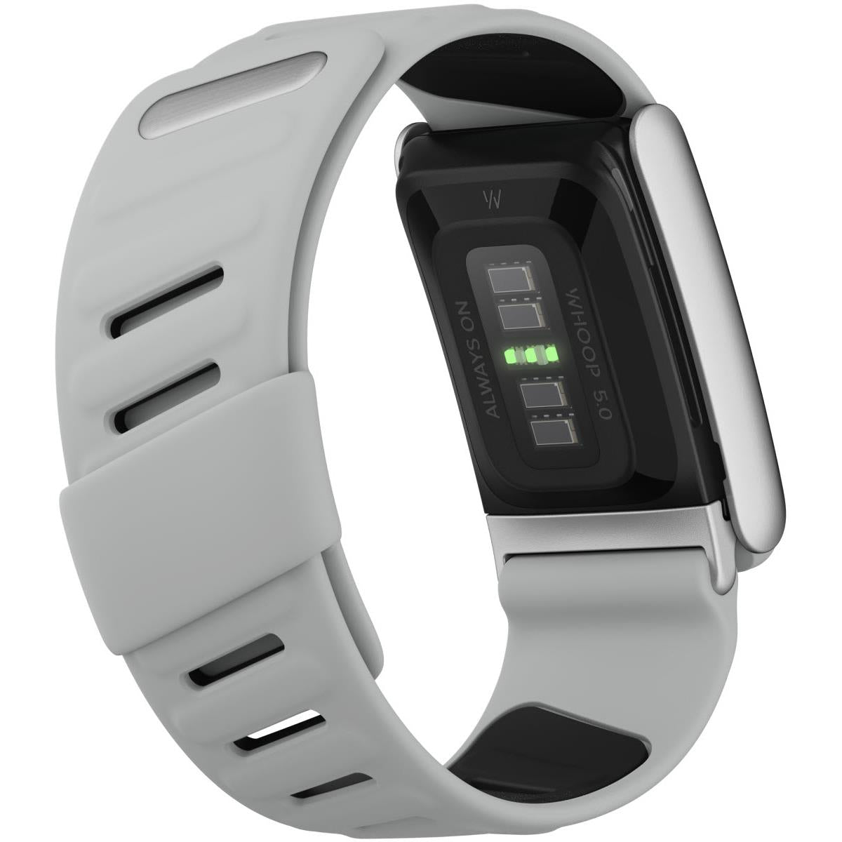 Grey watch band holding a black tracker module with green indicator lights