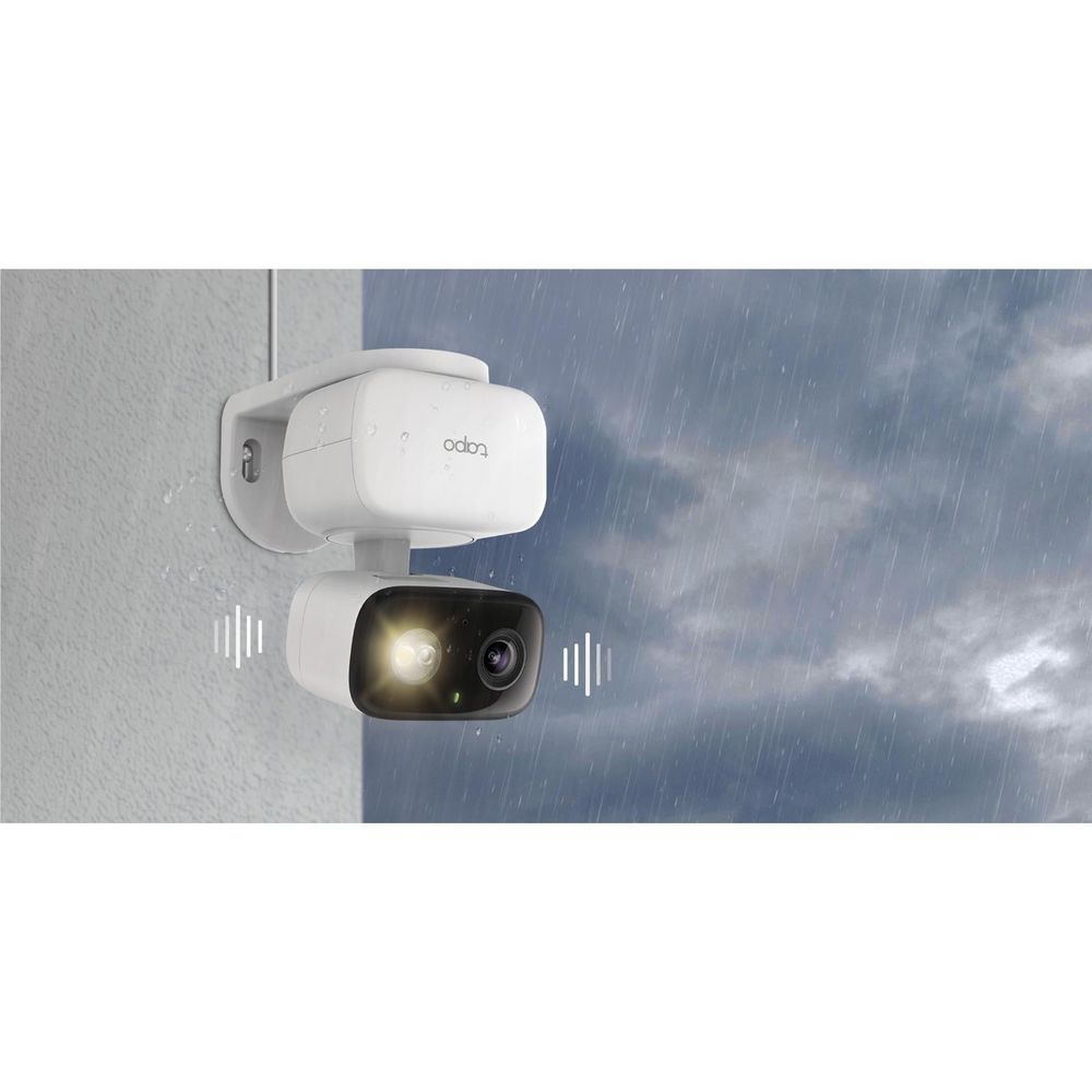 Weatherproof pan-tilt security camera with white housing and black lens module