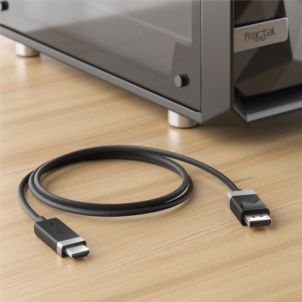 2m braided black DisplayPort to HDMI active cable with HDMI and DP ends