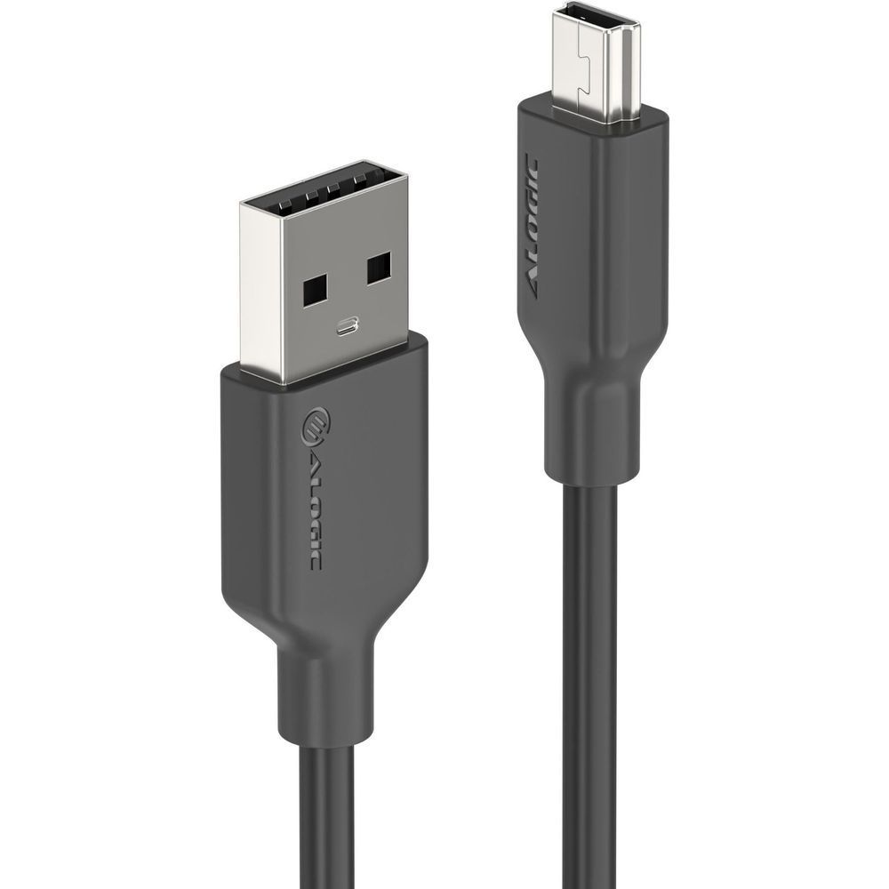 USB-A to mini B cable with dark gray connectors and textured strain relief