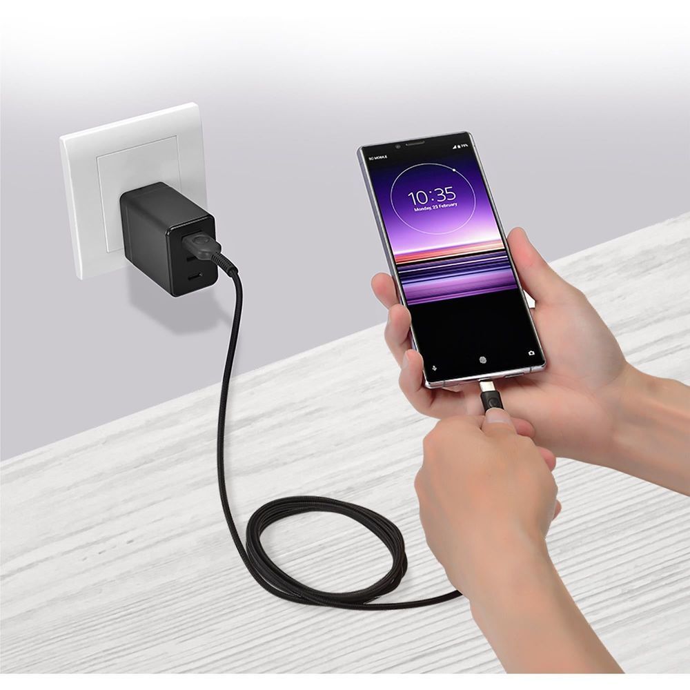 Black USB-A to USB-C 60W cable plugged into phone, 2m braided cord