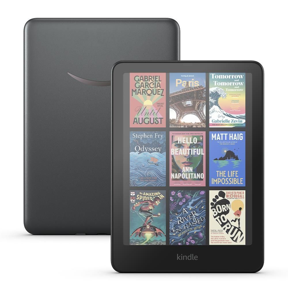 Dark gray Kindle e-reader with color display showing colorful book covers