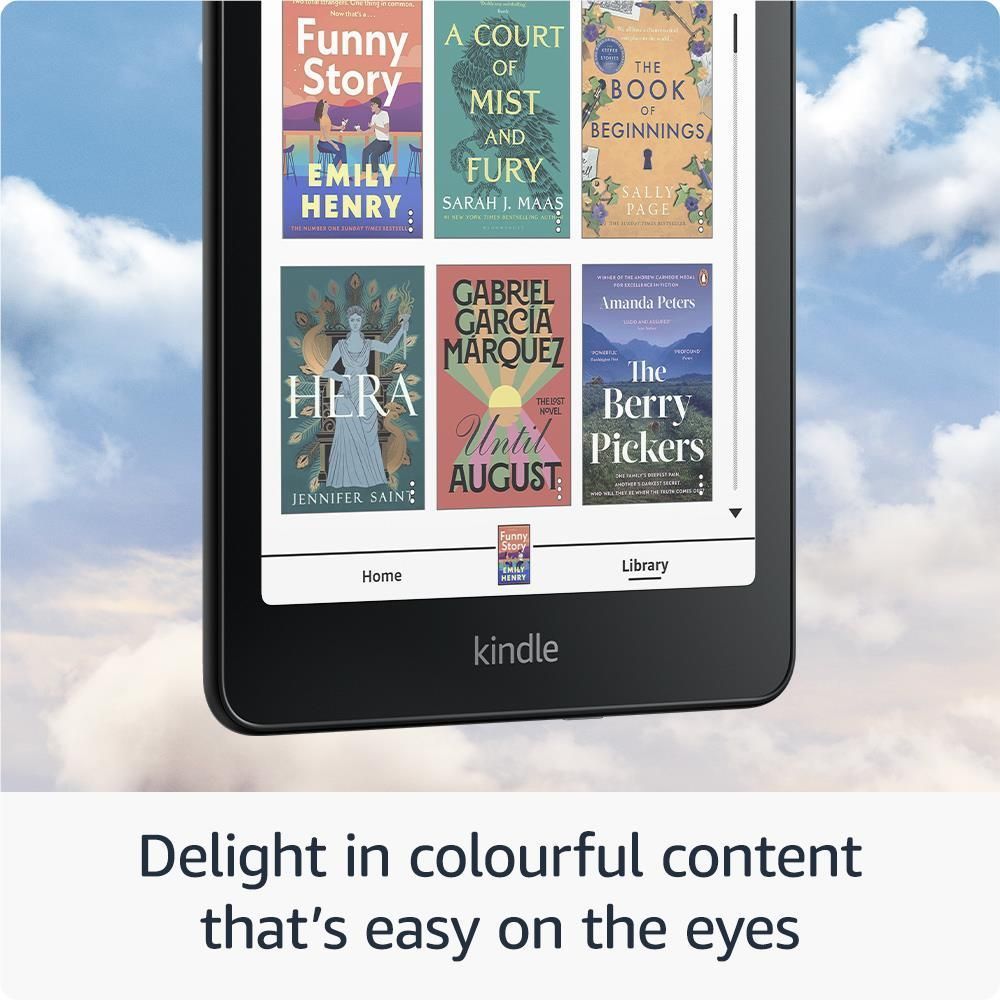 Black Kindle e-reader with home screen grid of colorful book covers